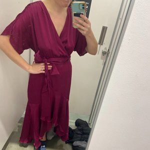 Express Satin Wrap Waist Tie Ruffle Dark Fuscia Midi Dress